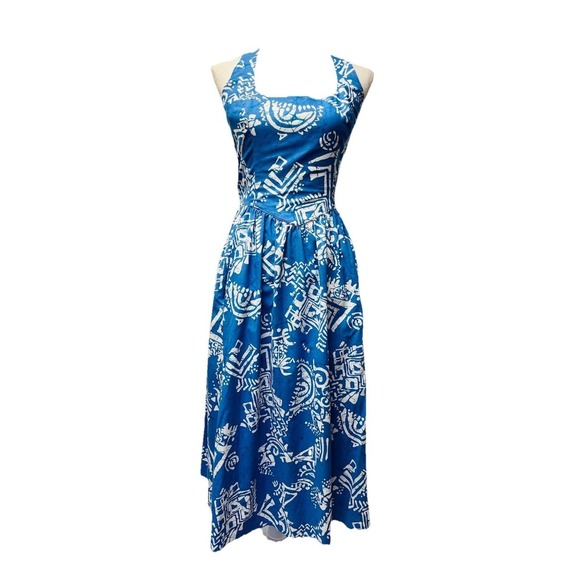 Malia Honolulu Dresses & Skirts - VTG Malia 6 Blue Floral Cotton Hawaiian Halter Dress Luau 60s 70s Tropical Beach
